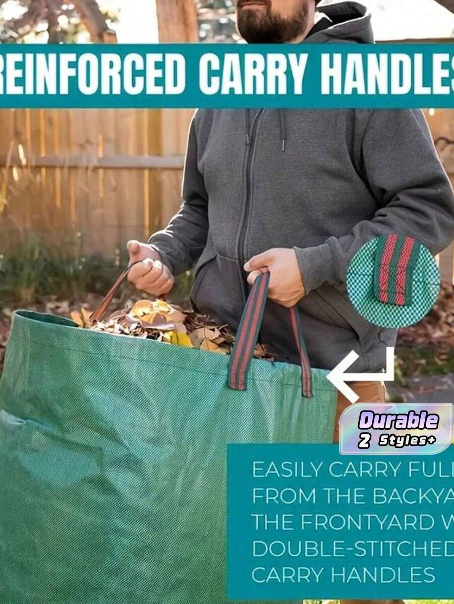 Reusable Garden Waste Bags With Handles, Made Of Durable PP Material, Great For Yard Trimmings, Leaves And Plants. Green With Red Stitching, Perfect For Garden Maintenance And Landscaping. - A - View 1