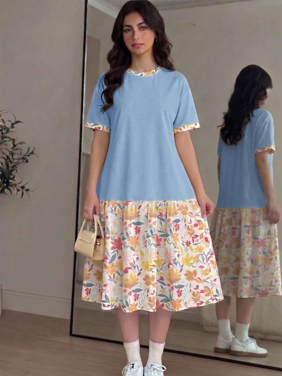 青少年女孩休閒簡約短袖中長洋裝,適合春夏穿著 - 白色 - 查看 1