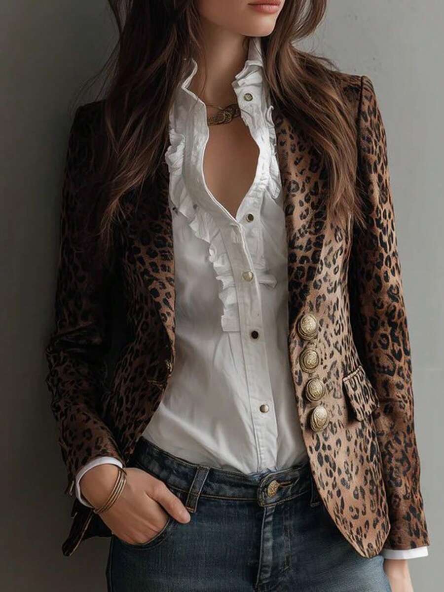 SHEIN Blazer Motif Leopard Premium, Pakaian Kantor Serbaguna untuk Awal Musim Gugur - MultiWarna - View 1