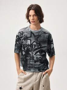 Vaulklash Men's Street Style Loose Graffiti Oversized Print Short Sleeve T-Shirt - Multicolor - View 4