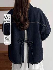 FRIFUL Jaket Denim Lengan Panjang Kancing Tunggal dengan Dua Saku, Serbaguna, untuk Wanita, Cocok untuk Musim Gugur. - Biru - View 1