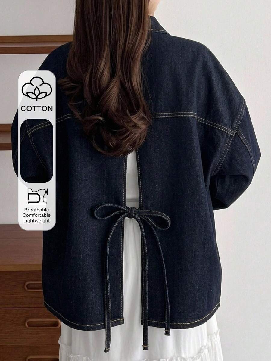 FRIFUL Jaket Denim Lengan Panjang Kancing Tunggal dengan Dua Saku, Serbaguna, untuk Wanita, Cocok untuk Musim Gugur. - Biru - View 1
