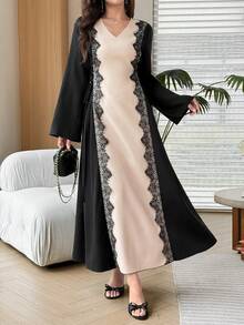 Al Najma 女款春秋阿拉伯風拼接色蕾絲飾邊長版長袍洋裝 V領繫腰長袖,適合宴會派對 - 黑色 - 查看 7