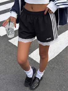 Muchica Women's Fashion Letter Stripe Print Lace Patchwork Shorts, Sexy Style - Black - View 6