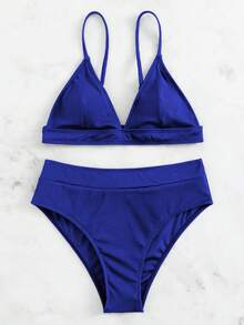 Swim Basics 夏季沙灘肋紋三角高腰比基尼套裝 - 寶藍色 - 查看 4