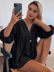 FRIFUL Women's Black V-Neck Puff Sleeve Shirt, Summer Apparel,Ruffle - Black - View 3