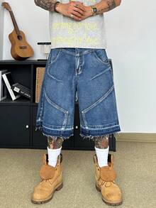 STEELVANCE Street Style Retro Fashion Versatile Studded Hem Frayed Design Loose Straight Wide Leg Casual Summer Denim Shorts (Belt And Accessories Not Included) - Blue - View 3