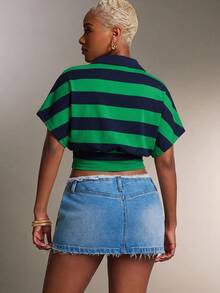 Denimoi Cinched Waist Collared Striped Polo Top Fashionable Tops Collared Top, Casual Basic Top - Green - View 2