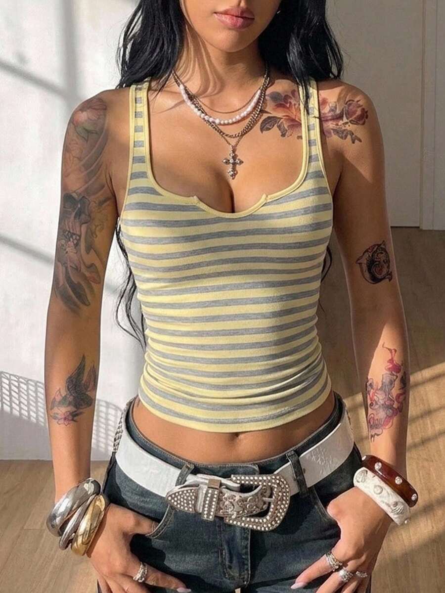 Coolane 女款條紋拼色修身百搭休閒上衣 - 黃色 - 查看 1
