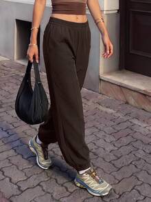 Pariaura Women's Solid Color Elastic Waist Casual Versatile Daily Outdoor Sweatpants - Coffee Brown - View 5