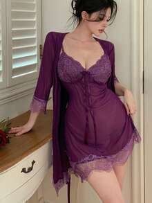 DAZY Mesh Contrast Lace Sexy Women's Spring Pajama Set - Purple - View 4