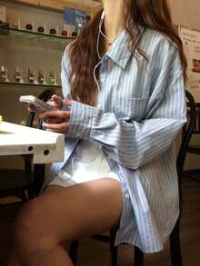 DAZY 女款條紋單排扣休閒日常穿著襯衫 - 藍色 - 查看 10