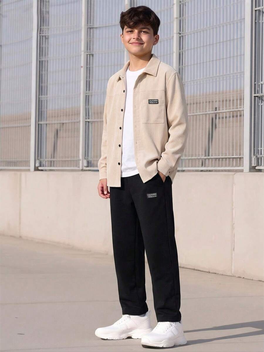 2件組 青少年春季新款休閒紳士風單排扣灰色長袖襯衫搭配鬆緊腰側口袋休閒長褲 Vacaura 男孩套裝 - 彩色 - 查看 1