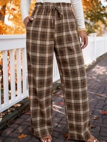 SHEIN Frenchy 女款大尺碼休閒時尚度假格紋長褲 - 棕色 - 查看 7