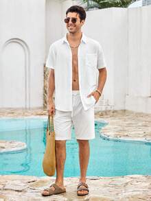 Mercer Haus Men's 2-Piece Linen Casual Short Sleeve Button-Down Shirt And Shorts Summer Beach Set - Perfect Father's Day Gift For Dad, Husband, Him - White - View 1