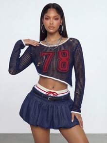 Gowayae Gowayae Y2K Baddie 78 做旧美式校园格纹针织衫,不对称下摆叠穿街头风女装 - 藍色 - 查看 8