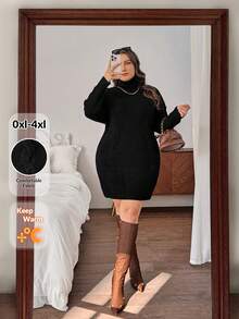 SHEIN Privé 大码女式舒适休闲日常高领阿兰针织宽松直筒毛衣连衣裙，白色，秋冬 - 黑色 - 查看 7