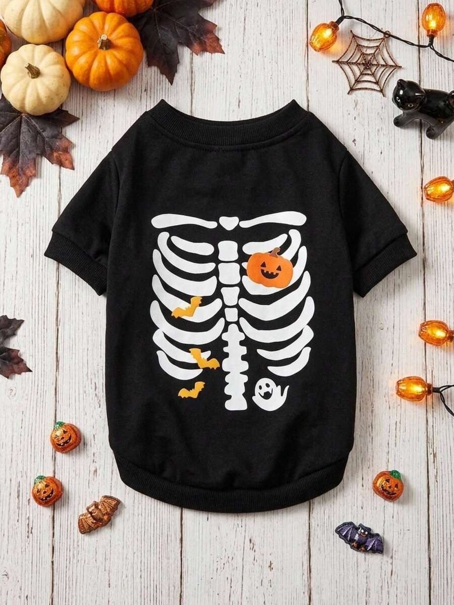 PETSIN 1pc Pumpkin Ghost Yellow Little Bat Printed Pet Halloween Black Soft Warm Anti Hair Comfortable Pet Clothing - Black - View 1