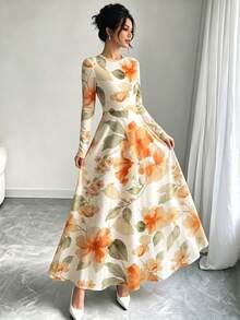Modelyn 橘色大花卉植物印花法式連身裙，女款時尚圓領長袖收腰長裙，花卉圖案淺杏色長裙，秋冬度假風穿搭，女款日常優雅服飾 - 彩色 - 查看 3