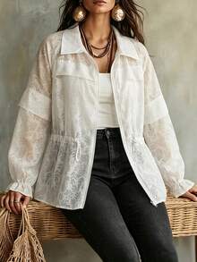 Linhara CURVE Plus Size Women's All-Over Print Zip-Up Casual Versatile Daily Wear Long Sleeve Jacket Fall - White - View 5