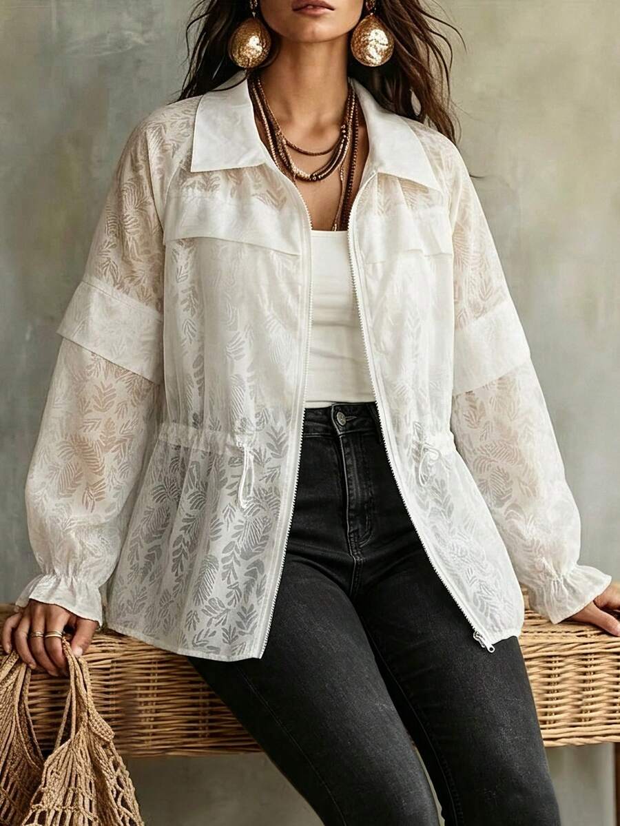 Linhara CURVE Plus Size Women's All-Over Print Zip-Up Casual Elegant Versatile Daily Wear Long Sleeve Jacket Autumn Club Teacher White - White - View 1