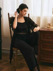 Côtesoire South French Elegant Mature Camisole Long Pants Robe 3 Pieces Pajama Set For Women - Black - View 6