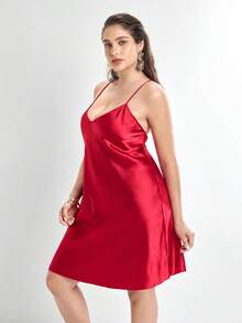 Slumbrini Red Sexy Satin Backless Halter Neck Plus Size Nightgown Red - Red - View 5
