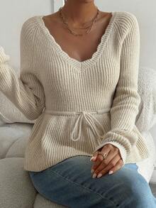 DAZY Sweater Pullover Elegan Wanita Lengan Panjang Leher V dengan Pinggang Terikat untuk Musim Gugur - Aprikot - View 7