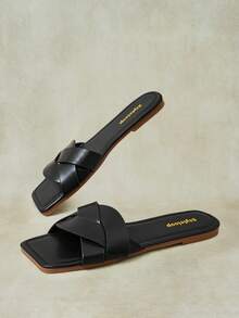Styleloop Sandal Retro Sol Datar, Ujung Persegi, Terbuka, Sederhana, Modis dan Lembut, Sandal Komuter Liburan Serbaguna untuk Wanita - Hitam - View 11