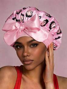 Betty Boop x SHEIN Upgraded Version Of Double-Layer Fabric, Hair Care Cap, Wide-Brimmed Elastic Satin Sleep Cap, Soft And Comfortable, Suitable For Daily Home Sleep Wear - Pink - View 2