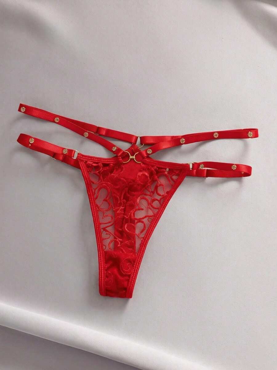 EmpressEnvy 女款愛心刺繡拼接金屬扣寶石鉚釘T-Back內褲 - 紅色 - 查看 1