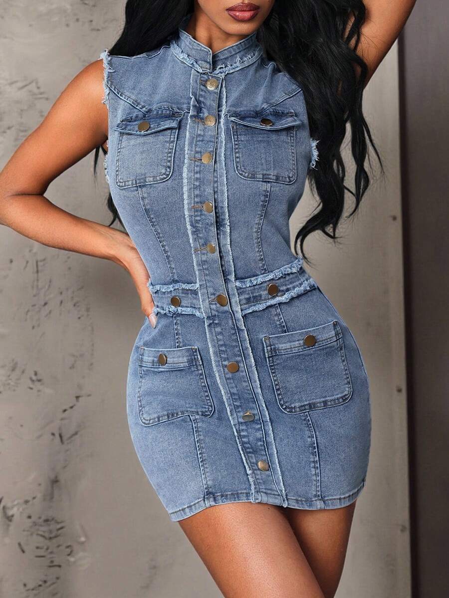 Glamine SHEIN Glamour Women's Summer Fashion Sleeveless Fitted Mini Denim Dress - Blue - View 1