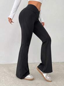 Easithlete Easithlete Women's High-Waisted Flared Yoga Pants Highly Elastic Tummy-Control Butt-Lifting Casual Essential Modest Athletic Gym Black Summer Pilates - Black - View 6