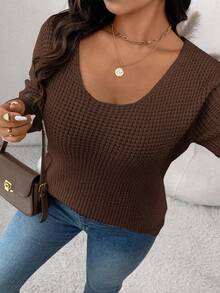 SHEIN Frenchy Plus Size Casual Solid Color Bow Decor Sweater, Autumn/Winter Fall - Brown - View 7