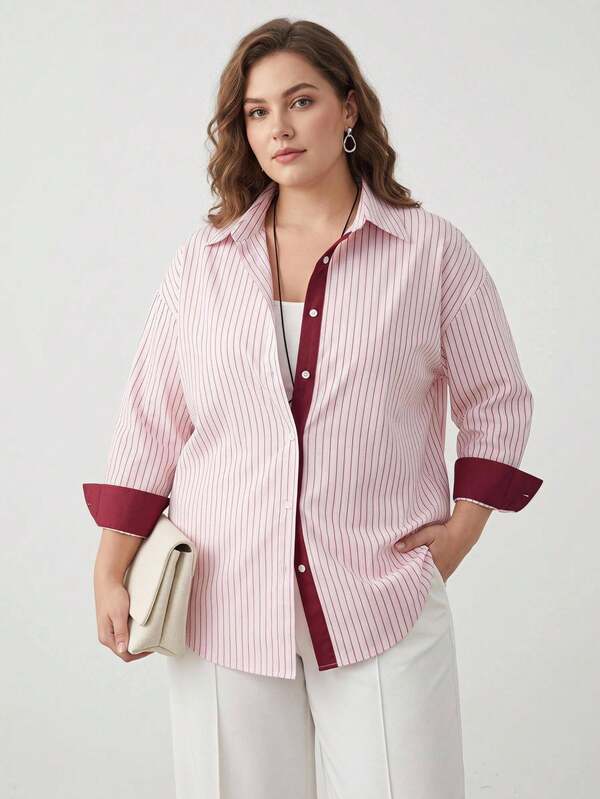 EMERY ROSE قميص مقاس كبير متعدد الاستخدامات مخطط بصف واحد من الأزرار وأكمام طويلة للعمل والمكتب في فصل الخريف