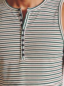 Musero Strpped Ribbed Henley Tank Top Button Front Detail Spring Summer Essentials - Green - View 6