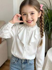 Elladie kids 日韓風秋季薄款甜美蕾絲飾邊彼得潘領白色女童襯衫，可拆卸蝴蝶結，雪紡泡泡長袖上衣 - 白色 - 查看 7