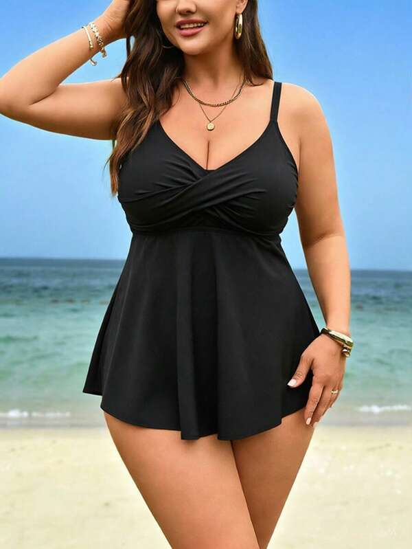 Slaydiva 2026 New Plus Size Women's Black V-Neck Criss-Cross Knot Tummy Control Tankini Tankini 2-Piece Swimsuit, Beach Vacation, Summer Holiday Outfit, Party Wear, Elegant Women's Beach Swimwear, Women's Vacation Clothing