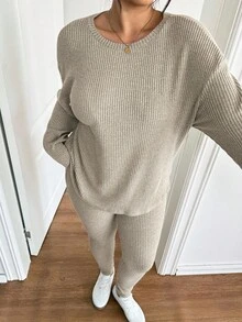 Lounesse Plus Size Women Plain Grey Ribbed Knit Set,Autumn Crew Neck Long Sleeve Top And Pants 2 Pieces,Smart Casual Everyday Lounge Comfy Sweater Sets Fall - Multicolor - View 6
