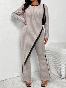 SHEIN Frenchy Plus Size Asymmetrical Hem Elegant Knitted 2 Pieces Set For Ladies Fall - Multicolor - View 5