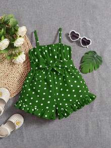 SHEIN Baby Girl Polka Dot Print Ruffle Hem Belted Cami Romper - Green - View 5