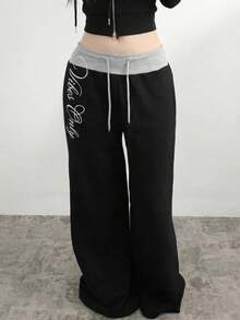 SHEIN 青少年女孩拼接腰部白色字母刺繡寬腿長褲 - 彩色 - 查看 1