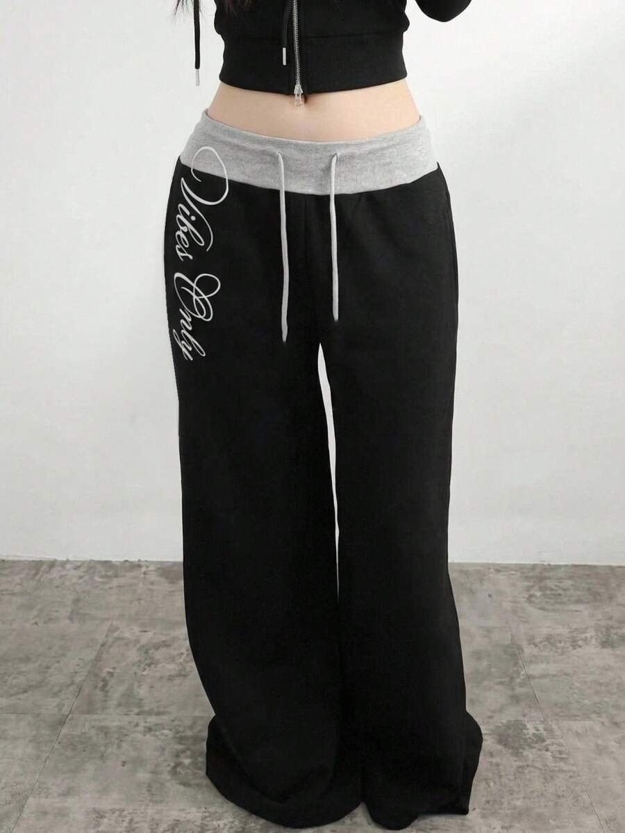 SHEIN 青少年女孩拼接腰部白色字母刺繡寬腿長褲 - 彩色 - 查看 1