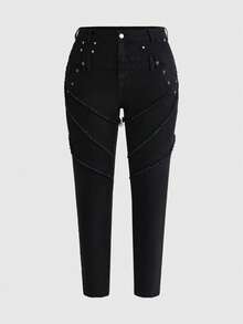 ROMWE Grunge Punk Plus Size Button Closure Casual Versatile Daily Wear Denim Jeans - Black - View 1