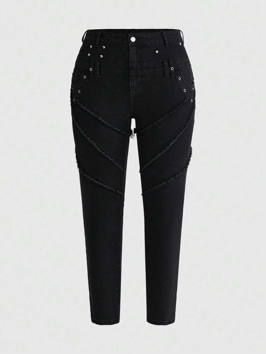 ROMWE Grunge Punk Plus Size Button Closure Casual Versatile Daily Wear Denim Jeans - Black - View 1