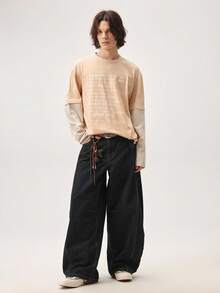 Men's Knit Casual Daily Young English Print Patchwork Loose Long Sleeve T-Shirt - Apricot - View 5