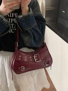 Glamine 1件Y2K哥德風鉚釘裝飾復古方形裝飾女士單肩包，完美搭配音樂節、搖滾風手提包 - 酒紅色 - 查看 6