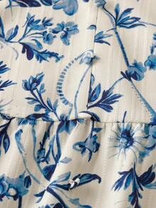 Linhara Plus Size Allover Printed Summer Slimming Ruffle Trim Blouse , Holiday Summer Vacation Top - Blue and White - View 7