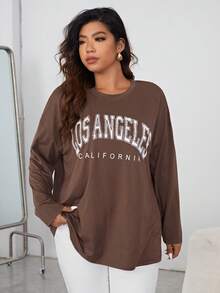 SHEIN Essnce Plus Letter Graphic Drop Shoulder Tee Fall - Coffee Brown - View 3