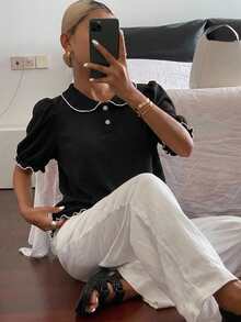 FRIFUL Women's Polo Collar Puff Sleeve Contrast Trim T-Shirts - Black - View 5